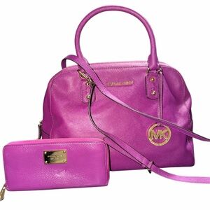 Michael Kors saffiano leather purple satchel w/crossbody strap & matching wallet